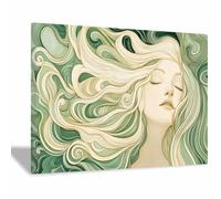 TERUEA Retrato vintage pintura, Retrato Cabello Onda Verde Art Nouveau color pastel, unisex, impresión floral, arte de cocina, hogar, comedor, decoración（Verde Oliva-70x100cm Enmarcado