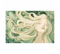 TERUEA Retrato vintage pintura, Retrato Cabello Onda Verde Art Nouveau color pastel, unisex, impresión floral, arte de cocina, hogar, comedor, decoración（Verde Oliva-70x100cm Sin marco