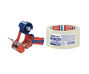 tesa 06400-00001-02 Precintadora de Cintas de Embalaje Comfort, 1 x 66 m x 50 mm + Cinta de embalaje pack fuerte (66 m x 50 mm), transparente
