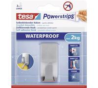 tesa 59707-00000-01 Gancho de acero + tiras Waterproof, Metal, Single | Gancho de pared autoadhesivo e impermeable - Acero inoxidable - Para zonas húmedas y cristal - sin dejar residuos