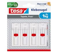 tesa 77774 - Clavo adhesivo ajustable (para papel pintado y yeso, altura regulable, autoadhesivo, hasta 1 kg de potencia de sujeción por clavo), 4 unidades, color blanco