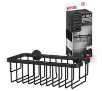 tesa ALUXX BLACK Cesta para Ducha, Negro Mate - Un Solo Nivel, Extra Profundo - Baños Modernos y con Estilo Industrial - Montaje Adhesivo sin Taladrar - 92 mm x 250 mm x 125 mm