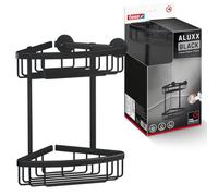 tesa ALUXX BLACK Cesta Rinconera de Ducha, Negro Mate - Dos Niveles - Baños Modernos y con Estilo Industrial - Montaje Adhesivo sin Taladrar - 262 mm x 163 mm x 163 mm