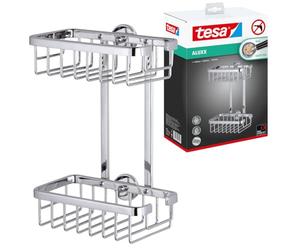 tesa Aluxx Cesta esquinera de baño doble, de aluminio cromado brillante, autoadhesiva, tecnología de montaje adhesiva, 260 x 180 x 107 mm