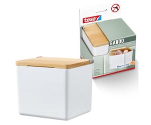 tesa Baboo Organizador de Baño S con tapa de bambú, blanco mate - caja organizadora - montaje sin taladro, con tiras impermeables Powerstrips XL - 122 mm x 110 mm x 102 mm