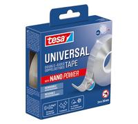 tesa Cinta adhesiva universal Nano Tape transparente de doble cara, fácil de quitar y reutilizable, resistente a la intemperie, para interior y exterior, 1 rollo de 3 m x 30 mm