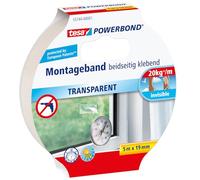 tesa Cinta de montaje de doble cara Powerbond transparente - 5 m x 19 mm | Cinta de montaje transparente de doble cara - fijación casi invisible en cristal y espejos