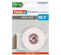 tesa Cinta de montaje para papel pintado y enlucido - 1,5 m x 19 mm | Cinta de montaje fuerte de doble cara para yeso y papel pintado - hasta 10 kg por metro