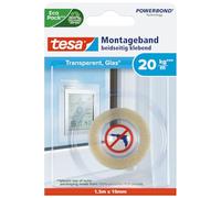 tesa Cinta de montaje para vidrio/superficies transparentes - 1,5 m x 19 mm | Cinta de montaje transparente para superficies transparentes y firmes en interiores - hasta 20 kg por metro