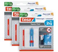 Tesa Papel pintado y yeso en paquete de 3 unidades - Altura regulable - Clavo autoadhesivo - Ideal para lienzo y bastidor - Potencia de sujeción 2 kg/uñas - Se puede quitar sin dejar rastro - 3 x 2 clavos