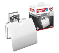 tesa EKKRO Portarrollos de Papel higiénico con Tapa - 140 x 53 x 128 mm | Portarrollos sin taladrar - Metal cromado - Adhesivo incluido