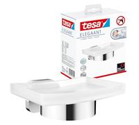 tesa ELEGAANT Jabonera con Soporte - 79 x 119 x 124 mm | Jabonera de pared sin taladrar - Cristal satinado y metal cromado - Adhesivo incluido