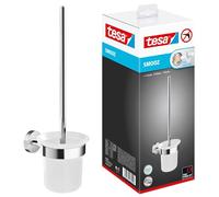 tesa Escobillero para Baño Smooz - Escobillero de Pared Necesidad de Taladrar con Recipiente de Cristal Satinado - Incluye Solución Adhesiva de Montaje