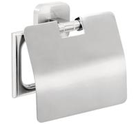 tesa ESTEETIC Portarrollos de papel higiénico con tapa - 132 x 135 x 48 mm | Portarrollos sin taladrar - Acabado de acero inoxidable - Adhesivo incluido