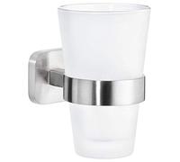 tesa ESTEETIC Vaso para cepillos con soporte - 80 x 125 x 120 mm | Vaso para cepillos sin taladrar - Cristal esmerilado - Acabado de acero inoxidable - Adhesivo incluido