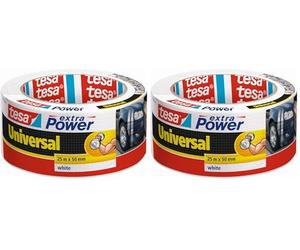 tesa Extra Power Universal, Cinta Adhesiva Americana Reforzada para Reparar, Fijar, Agrupar, Reforzar o Sellar, Blanca, 25 m x 50 mm (Paquete de 2)