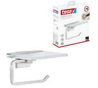 tesa EXXCLUSIV Portarrollos papel higiénico con repisa - 160 x 99 x 139 mm | Portarrollos sin taladrar - Cristal esmerilado y metal cromado - Adhesivo incluido