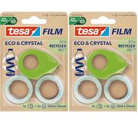 tesa film eco & crystal Cinta Adhesiva Transparente de Plástico PET reutilizado, Resistente al Rasgado, con una Fuerte Capacidad de Adhesión, Set con Dispensador de Mesa, 1 Rollo de 10 m x 19 mm