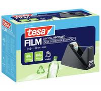 tesa film eco & crystal Cinta Adhesiva Transparente de Plástico PET reutilizado, Resistente al Rasgado, con una Fuerte Capacidad de Adhesión, Set con Dispensador de Mesa, 1 Rollo de 10 m x 19 mm