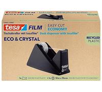 tesa film eco & crystal Cinta Adhesiva Transparente de Plástico PET reutilizado, Resistente al Rasgado, con una Fuerte Capacidad de Adhesión, Set con Dispensador de Mesa, 1 Rollo de 10 m x 19 mm