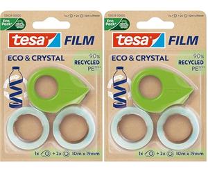 tesa film eco & crystal Cinta Adhesiva Transparente de Plástico PET reutilizado, Resistente al Rasgado, con una Fuerte Capacidad de Adhesión, Set con Dispensador de Mesa, 1 Rollo de 10 m x 19 mm