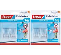 tesa Gancho Adhesivo para Superficies Transparentes y Vidrio 1 kg, Ganchos Colgantes Invisibles, Soporta hasta 1 kg por Gancho, Paquete con 2 Piezas, Incluye 4 Tiras Adhesivas (Paquete de 2)