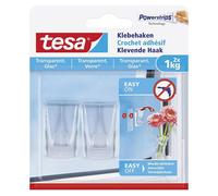 tesa 77735-00000-00 Gancho Adhesivo Transparente para, por Ejemplo, Cristal, 1 kg de Capacidad de retención, Blanco, Set de 2 Piezas