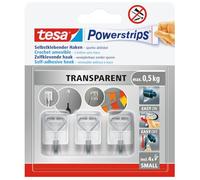 tesa Ganchos Powerstrips Small - 3 ganchos, 4 tiras - Transparentes | Ganchos adhesivos de pared con gancho de alambre extraíble - hasta 0,5 kg - sin taladrar - para bańo o cocina