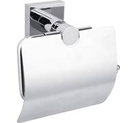 tesa HUKK - Portarrollos de papel higiénico con tapa, cromado - Portarrollos de papel higiénico para fijación a la pared sin taladrar, incluye solución adhesiva, 140 x 130 x 70 mm