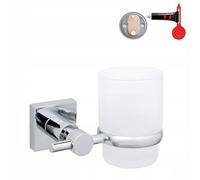 tesa HUKK Vaso para cepillos de dientes con soporte, vaso de cristal satinado, soporte de pared cromado, para montaje en pared sin taladrar, incluye solución adhesiva, 125 mm x 95 mm x 90 mm