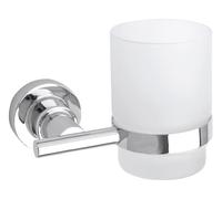 tesa LUUP Vaso para cepillos con soporte - 120 x 95 x 100 mm | Vaso para cepillos con soporte sin taladrar - Cristal satinado y metal cromado - Adhesivo incluido