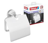 tesa Moon Portarrollos de Papel higiénico con Tapa - 140 x 53 x 128 mm | Portarrollos sin taladrar - Metal cromado con acabado de acero inoxidable - Adhesivo incluido