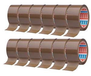 tesa Pack 64014 en paquete de 12 unidades, cinta adhesiva silenciosa para embalar paquetes y cajas de envío, color marrón, 12 rollos de 66 m
