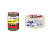 tesa Pack de 3 rollos cinta embalaje tesapack, color marrón (66m x 50mm) & Cinta de embalaje pack fuerte (66 m x 50 mm), transparente