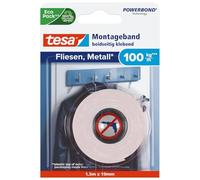 tesa Powerbond cinta de montaje para azulejos y metal Extra fuerte, con hasta 100 kg de fuerza de sujeción por metro - cinta de montaje de doble cara para superficies lisas - 1.5 m x 19 mm