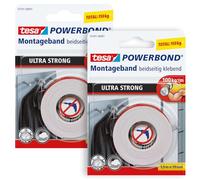 tesa Powerbond ULTRA STRONG en paquete de 2 - Cinta de montaje de doble cara extra fuerte para montaje permanente en exteriores e interiores - 1.5 m