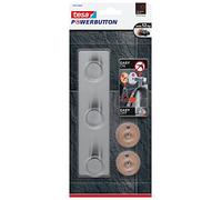 tesa Powerbutton Barra con ganchos Classic - Máx. 12 kg | Pack de 3 ganchos metálicos autoadhesivos - Para cocina y bańo - Acero inoxidable - sin dejar residuos