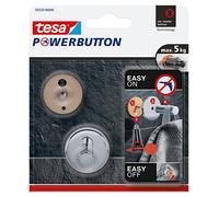 tesa Powerbutton - Gancho Adhesivo Universal para Pared - Montaje sin Taladrar - Alta Fuerza de Fijación hasta 5 kg con Tecnología Powerbutton - Pequeña - Cromado