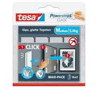tesa Powerstrips CLICK - Tiras Adhesivas para Colgar y Descolgar Marcos de Fotos y Decoraciones sin Taladrar - Almohadillas Autoadhesivas con Sistema de Clic ON y OFF - Medianas - 16 x 2 Unidades
