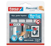 tesa Powerstrips CLICK - Tiras adhesivas para fijar y soltar marcos de fotos y decoración de pared sin taladrar - Tiras adhesivas con sistema de clic ON y OFF - 6 x 2 M, 8 x 2 L