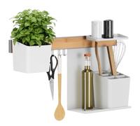 tesa Set Organizador de Cocina M - Riel Autoadhesivo con Maceta para Hierbas, 2 Repisas, Recipiente para Utensilios, Barra con 3 Ganchos - Montaje sin Taladrar - Bambú/Blanco