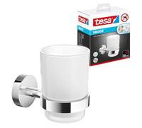 tesa Soporte para Cepillo y Pasta de Dientes Smooz - Vaso Satinado con Soporte Cromado para la Pared - Inoxidable - Resistente al Agua - Incluye Solución Adhesiva de Montaje