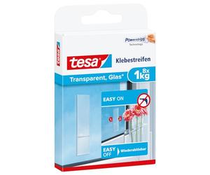 tesa Tiras adhesivas para superficies transparentes - 1 kg - 8 uds. | Con tecnología tesa Powerstrips - para interiores - hasta 1 kg - gancho transparente reutilizable