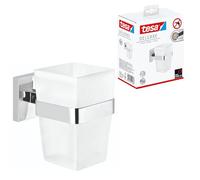tesa Vaso de Cristal para Cepillo de Dientes DELUXXE, metal cromado brillante, autoadhesivo, tecnología adhesiva de montaje, 100mm x 70mm x 113mm