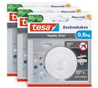 Tesa77781 Gancho de techo adhesivo para papel pintado y yeso, pack de 3 | Pack de 3 ganchos autoadhesivos para decoración - Powerstrips Large - hasta 500 g por gancho