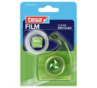 tesafilm CLEAR RECYCLED - cinta adhesiva transparente de plástico 100% reciclado, 1 rollo 10 m x 15 mm + dispensador manual (blíster)