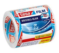 tesafilm Cristal Clear, Cinta Adhesiva Ultra Transparente, Alta Adhesión, Alta Resistencia a Roturas, 3 Rollos 10 m x 15 mm, Transparente