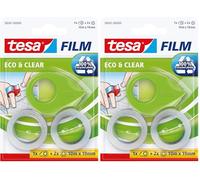tesafilm® eco & clear - Cinta Adhesiva Transparente Ecológica + Dispensador Manual Mini - 100% Plástico Reciclado - 10 m x 19 mm - Paquete con Dispensador + 2 Rollos - Verde (Paquete de 2)