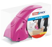 tesapack PACK'N'GO, Dispensador Ergonómico Rosa de Cinta de Embalaje Manual para Cinta Adhesiva, Incluye Rollo de Cinta de 50 m x 48 mm