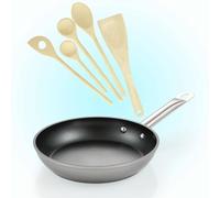 Tescoma Set de Cocina: Sartén Antiadherente 24 cm + Juego de 5 Cucharas de Madera | Utensilios de Cocina Ecológicos y Duraderos